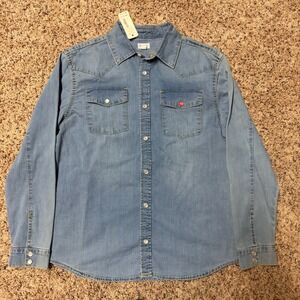 Gymboree Kids XL 14 Denim Snap Button Western Shirt Long Sleeve Red Accent